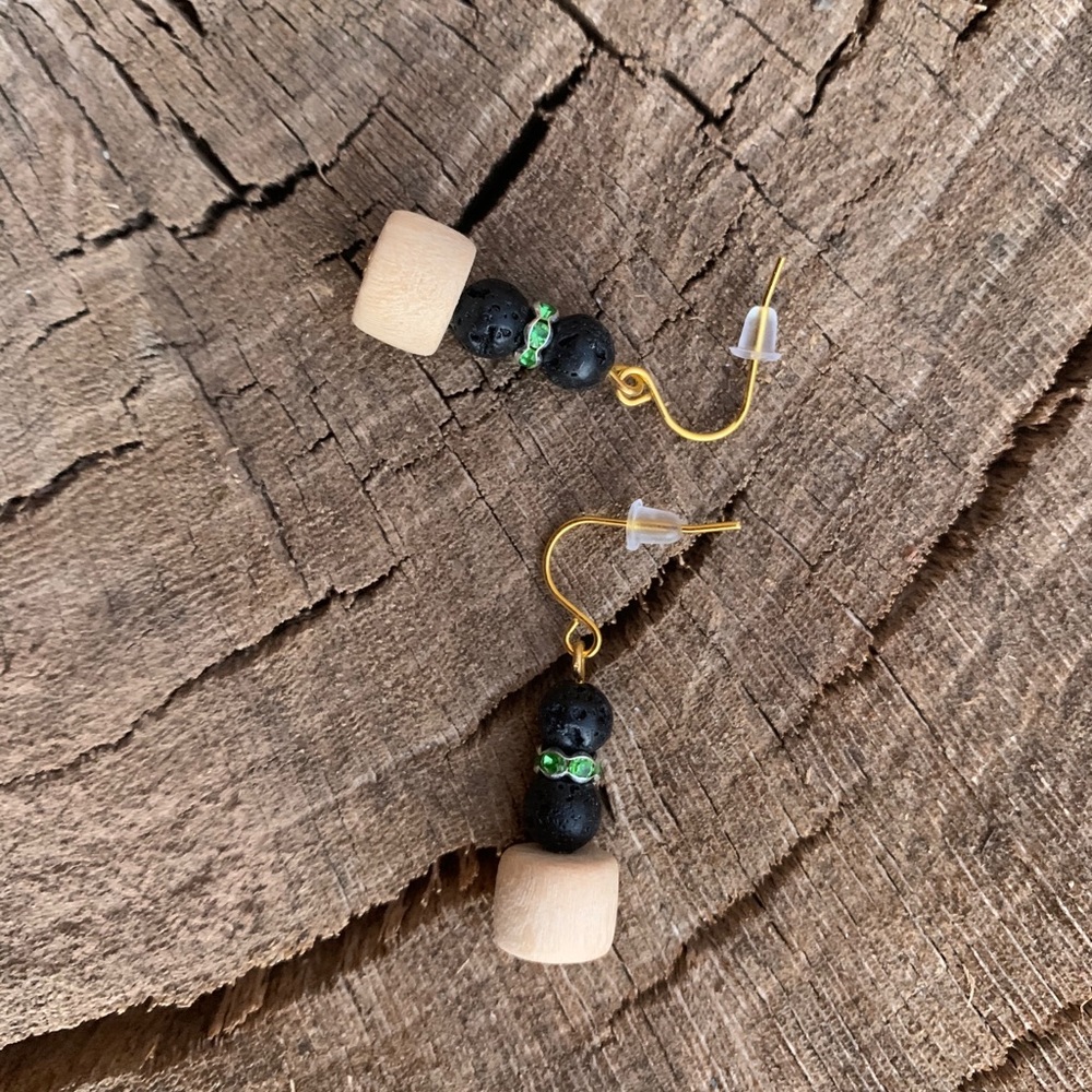 LAVA ROCK AND WOODEN BEADED DROP EARRINGS